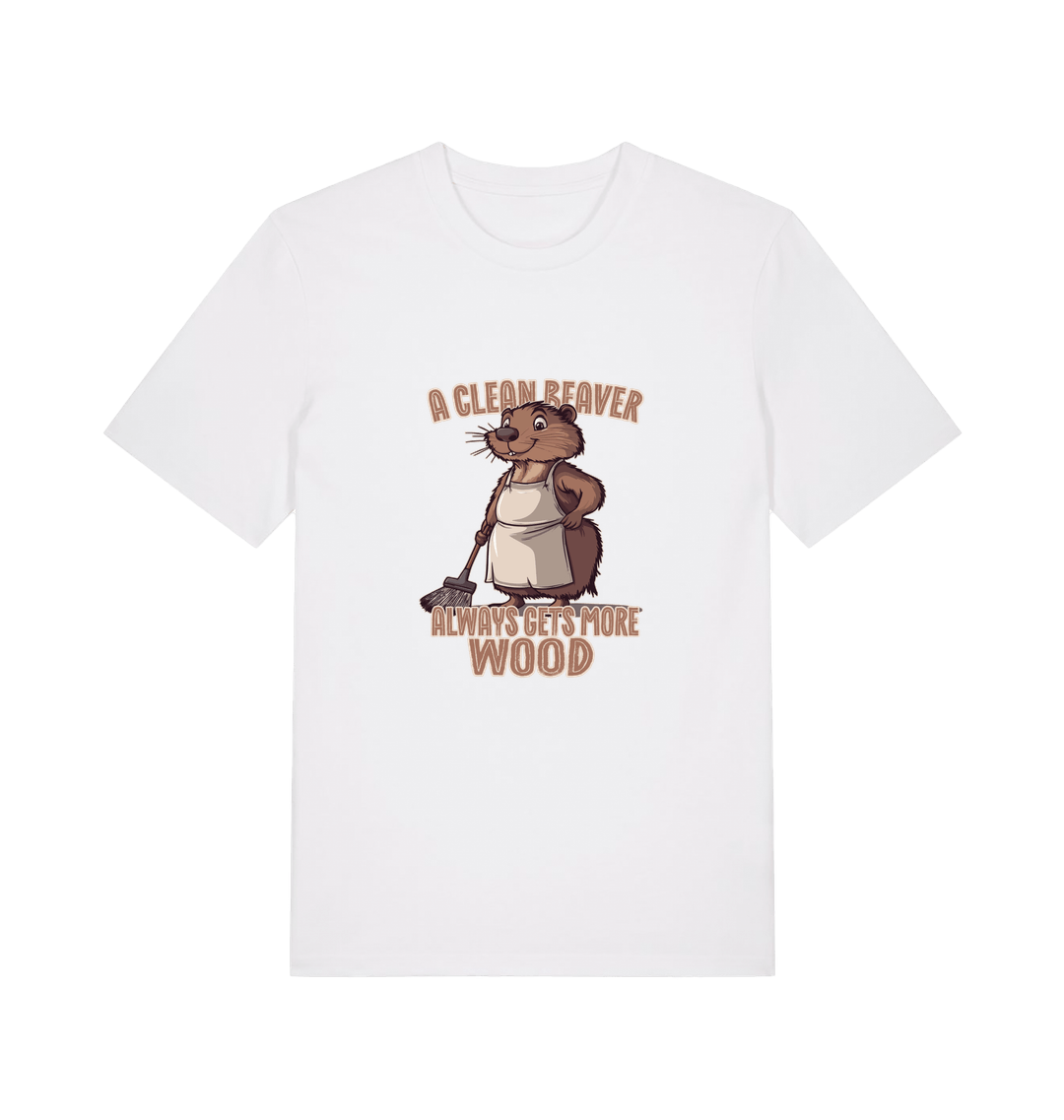 white animal t-shirt with the graphic of a beaver and the slogan 'a clean beaver always gets more wood'