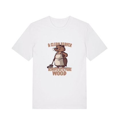 white animal t-shirt with the graphic of a beaver and the slogan 'a clean beaver always gets more wood'