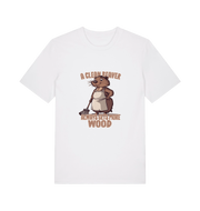 white animal t-shirt with the graphic of a beaver and the slogan 'a clean beaver always gets more wood'