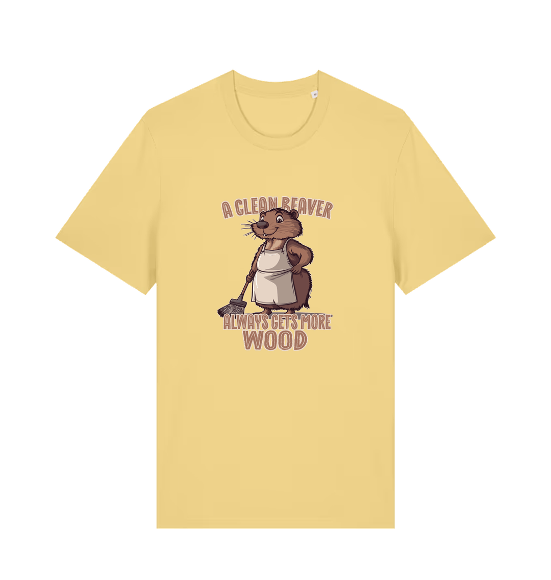 yellow animal t-shirt with the graphic of a beaver and the slogan 'a clean beaver always gets more wood'