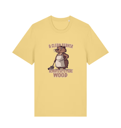 yellow animal t-shirt with the graphic of a beaver and the slogan 'a clean beaver always gets more wood'