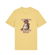 yellow animal t-shirt with the graphic of a beaver and the slogan 'a clean beaver always gets more wood'