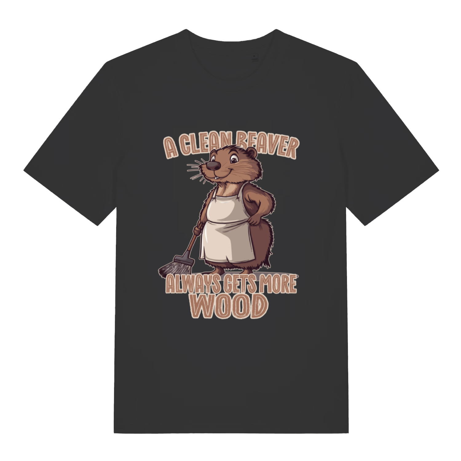 Black women's Clean Beaver T-shirt flat lay with funny cartoon beaver in apron "Always Gets More Wood" graphic