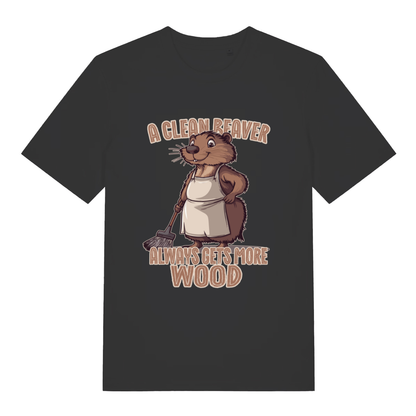 Black women's Clean Beaver T-shirt flat lay with funny cartoon beaver in apron "Always Gets More Wood" graphic