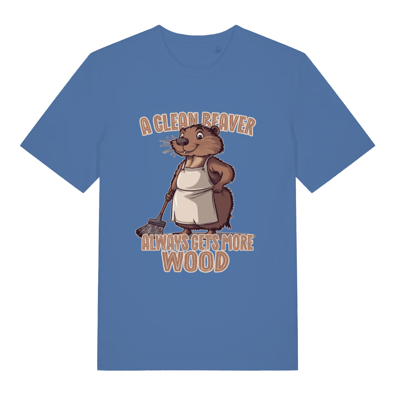 Blue women's Clean Beaver T-shirt flat lay featuring cheeky beaver cleaning pun design on ladies fit