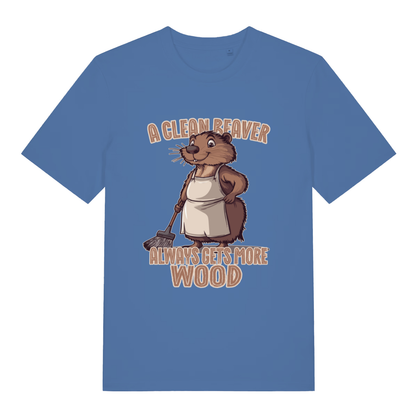Blue women's Clean Beaver T-shirt flat lay featuring cheeky beaver cleaning pun design on ladies fit
