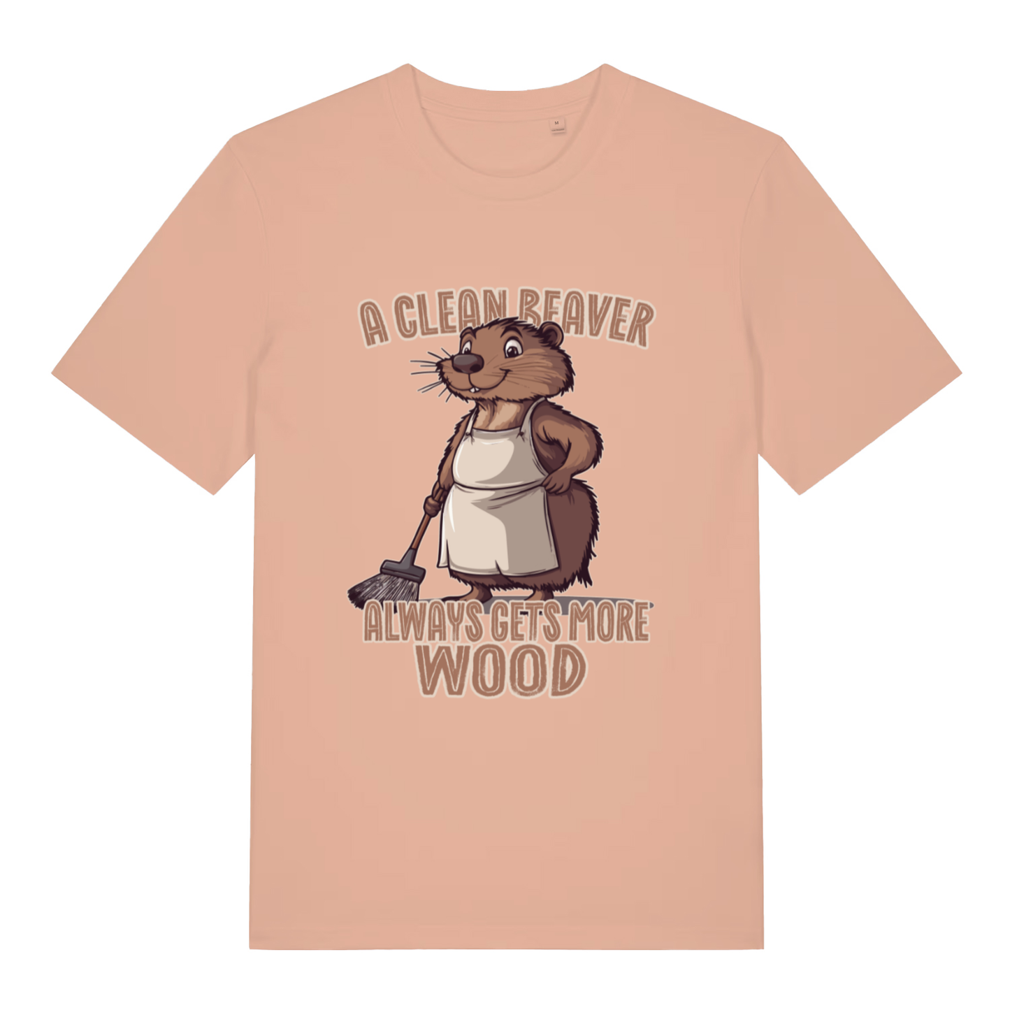 Peach women's Clean Beaver T-shirt flat lay showing witty animal graphic and rude cleaning slogan