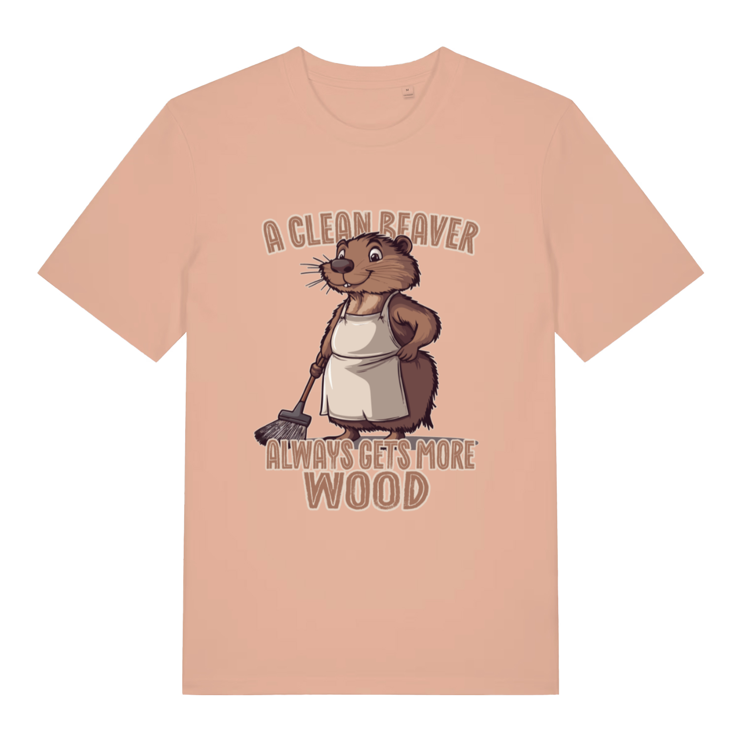 Peach women's Clean Beaver T-shirt flat lay showing witty animal graphic and rude cleaning slogan