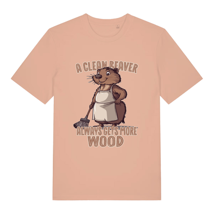 Peach women's Clean Beaver T-shirt flat lay showing witty animal graphic and rude cleaning slogan