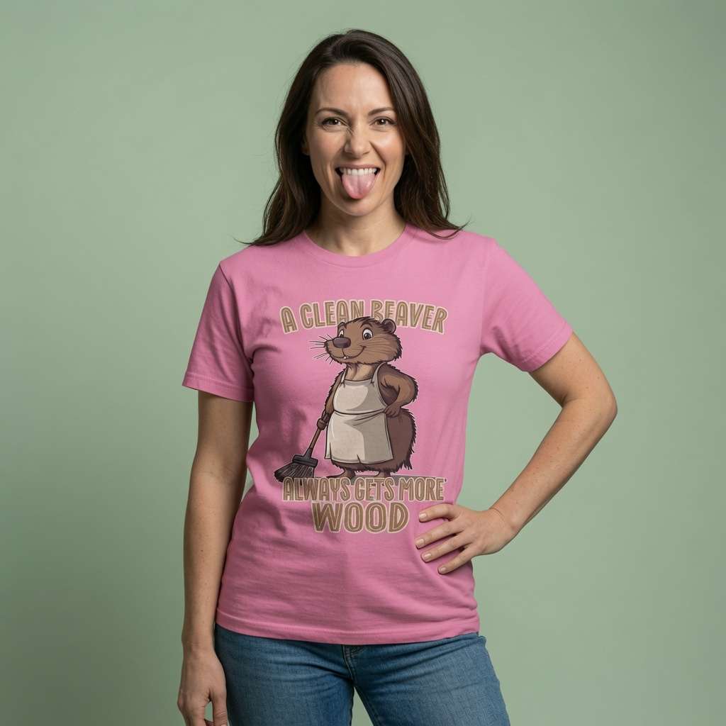 Woman in pink Clean Beaver Always Gets More Wood tee, fun animal graphic gift