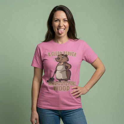Woman in pink Clean Beaver Always Gets More Wood tee, fun animal graphic gift