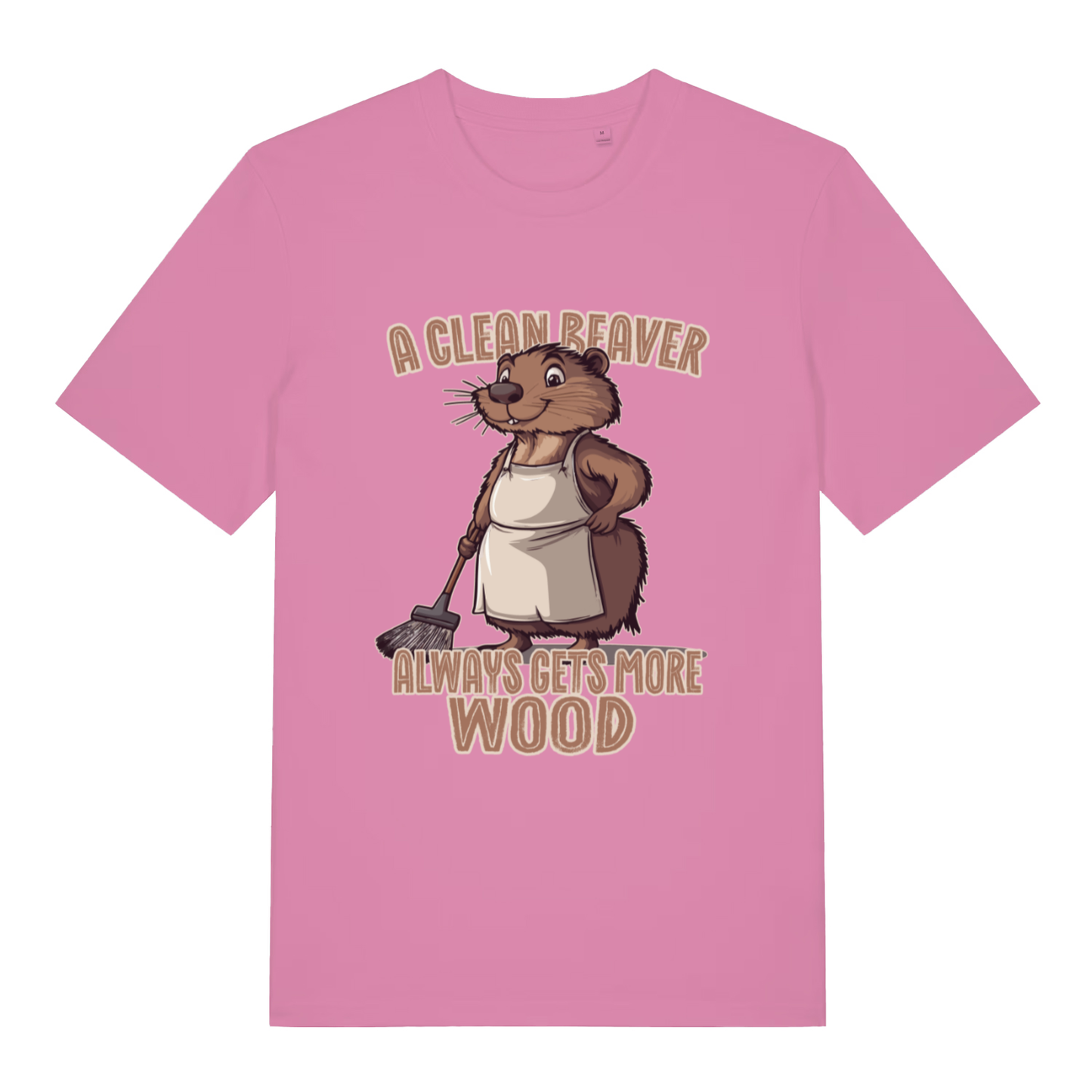 Pink women's Clean Beaver T-shirt flat lay with bold cute beaver in apron illustration