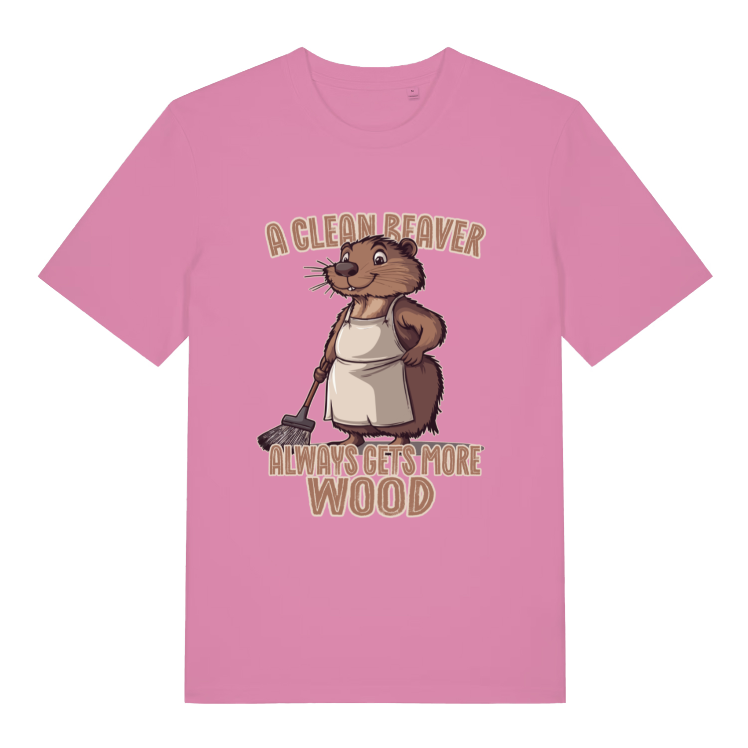 Pink women's Clean Beaver T-shirt flat lay with bold cute beaver in apron illustration
