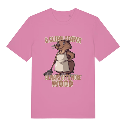 Pink women's Clean Beaver T-shirt flat lay with bold cute beaver in apron illustration