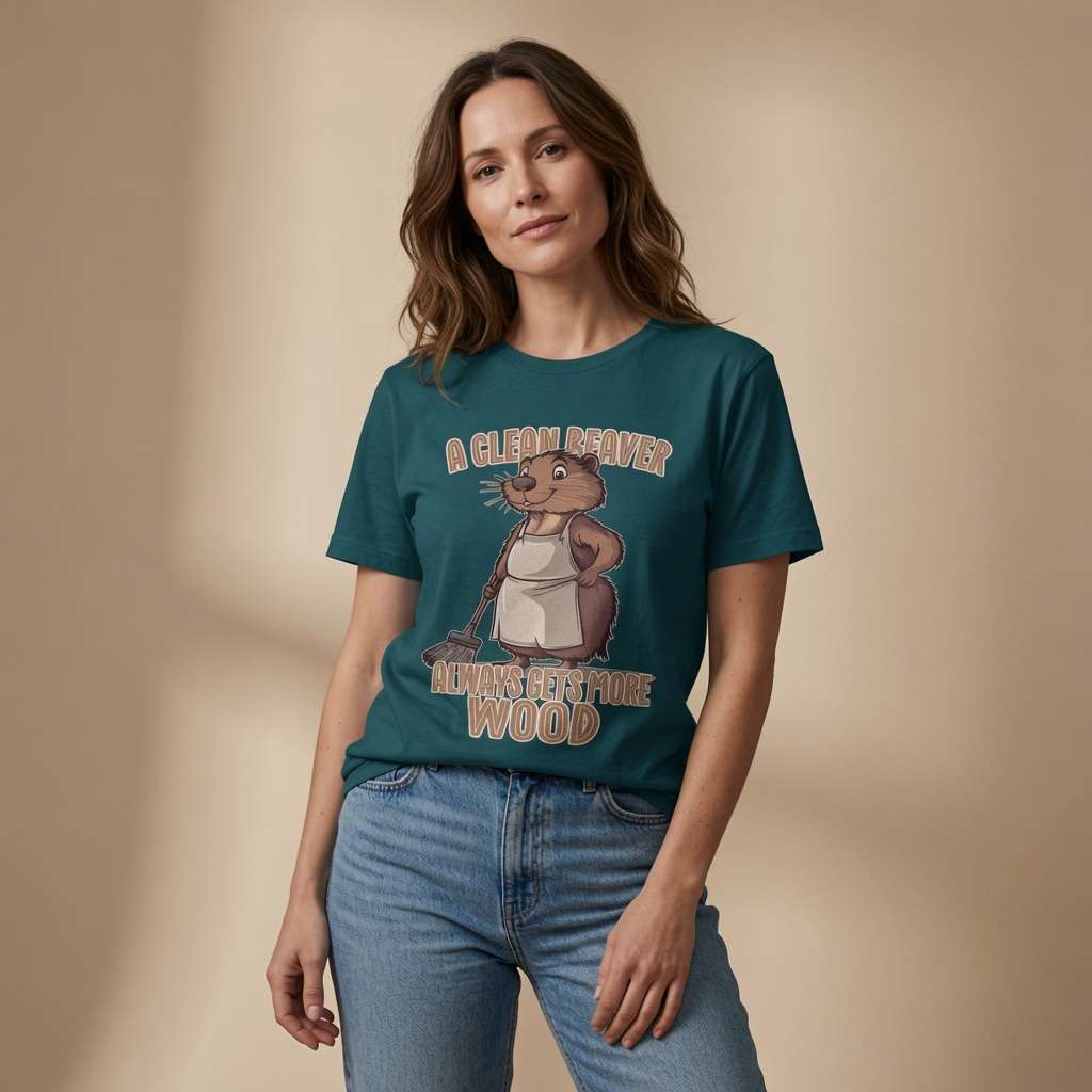 Woman in stargazer green Clean Beaver Always Gets More Wood t-shirt, funny cheeky beaver graphic tee