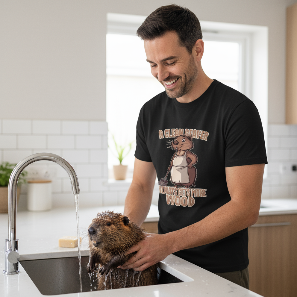 man wearing a black t-shirt with a beaver graphic, stood at a kitchen sink giving a beaver a bath
