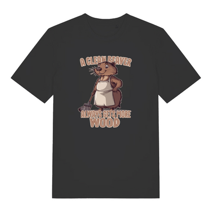 black rude animal t-shirt with the graphic of a beaver and the slogan 'a clean beaver always gets more wood'