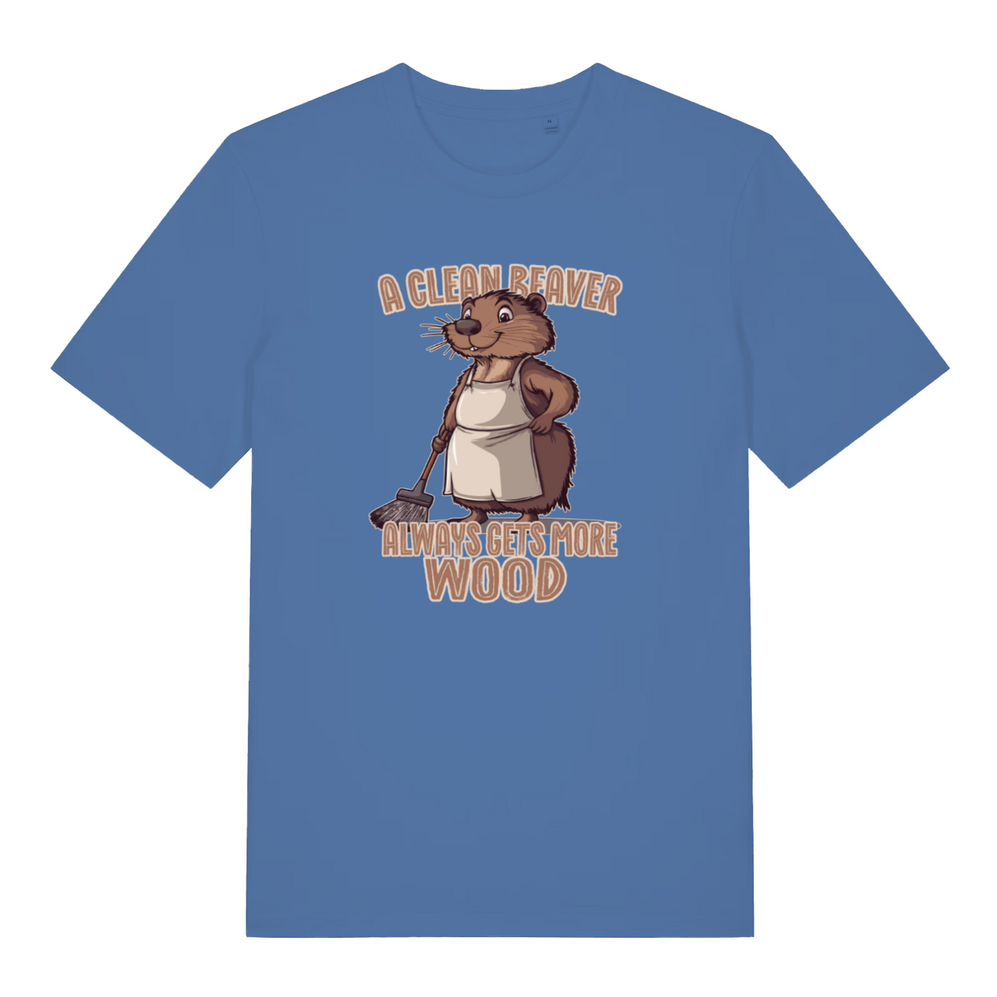 blue rude animal t-shirt with the graphic of a beaver and the slogan 'a clean beaver always gets more wood'