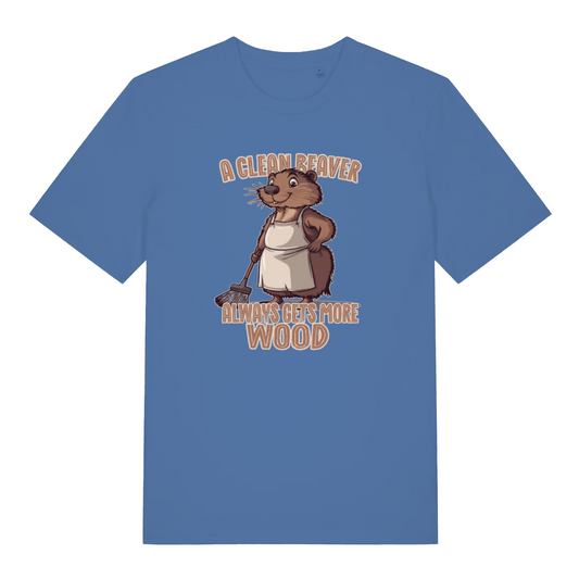 blue rude animal t-shirt with the graphic of a beaver and the slogan 'a clean beaver always gets more wood'