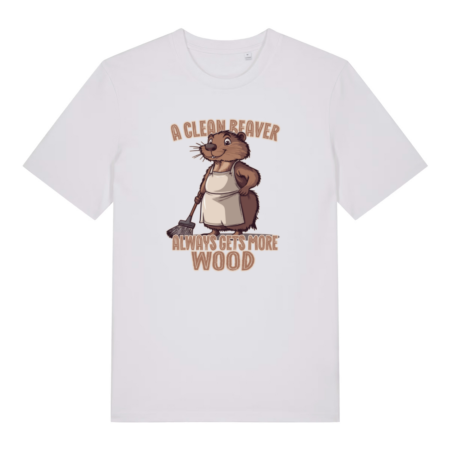 white rude animal t-shirt with the graphic of a beaver and the slogan 'a clean beaver always gets more wood'