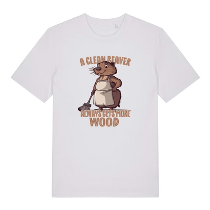 white rude animal t-shirt with the graphic of a beaver and the slogan 'a clean beaver always gets more wood'
