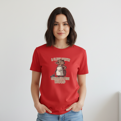 woman wearing a red t-shirt with a beaver graphic