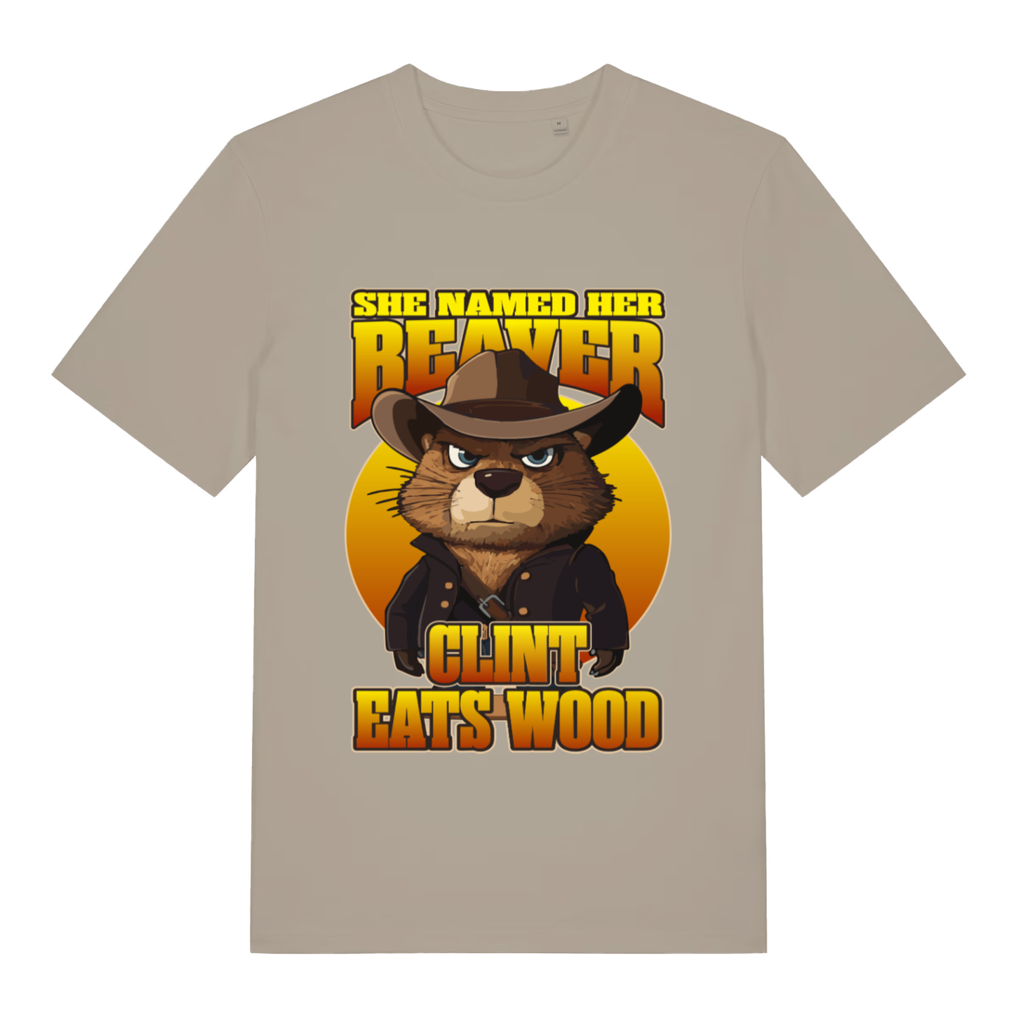 Beige Clint Eats Wood T-shirt flat lay with funny cowboy beaver "She Named Her Beaver" graphic