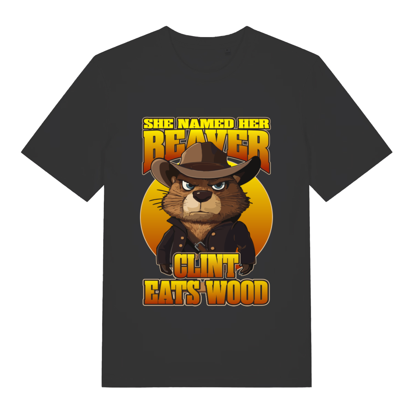 Black Clint Eats Wood T-shirt flat lay featuring angry Clint Eastwood style beaver pun design