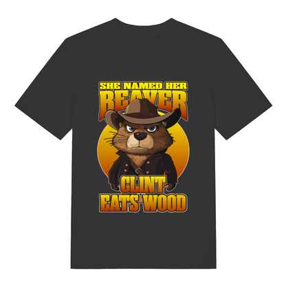 Black Clint Eats Wood T-shirt flat lay featuring angry Clint Eastwood style beaver pun design