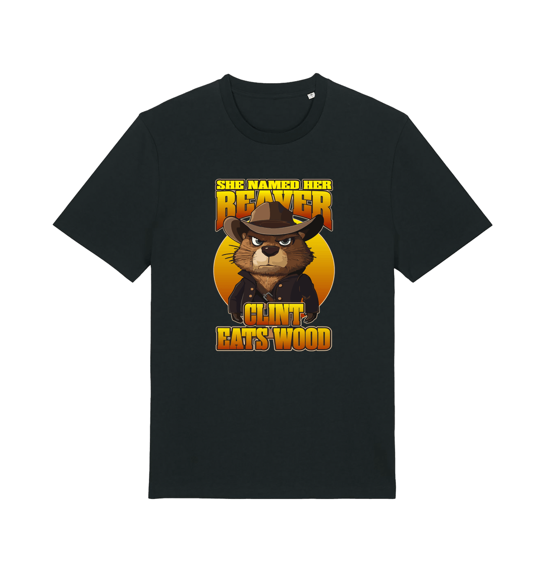 Black animal t-shirt with a graphic of a beaver wearing a cowboy hat and the text 'she named her beaver clint eats wood'