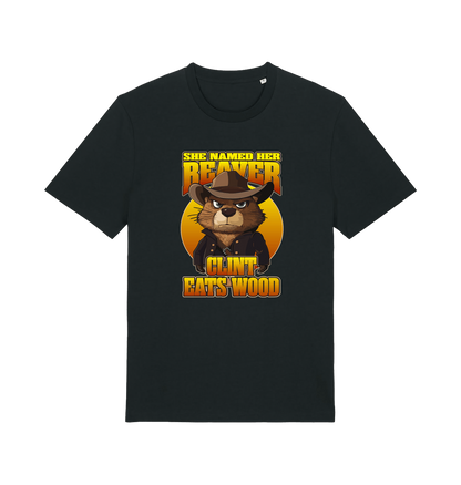 Black animal t-shirt with a graphic of a beaver wearing a cowboy hat and the text 'she named her beaver clint eats wood'