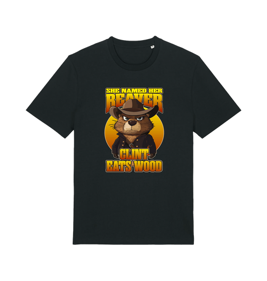 Black animal t-shirt with a graphic of a beaver wearing a cowboy hat and the text 'she named her beaver clint eats wood'