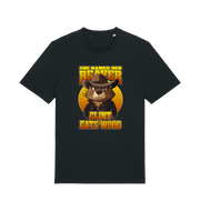 Black animal t-shirt with a graphic of a beaver wearing a cowboy hat and the text 'she named her beaver clint eats wood'