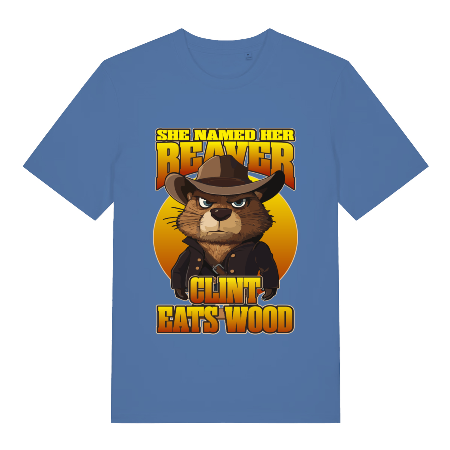 Blue Clint Eats Wood T-shirt flat lay showing cheeky rude beaver in cowboy hat illustration
