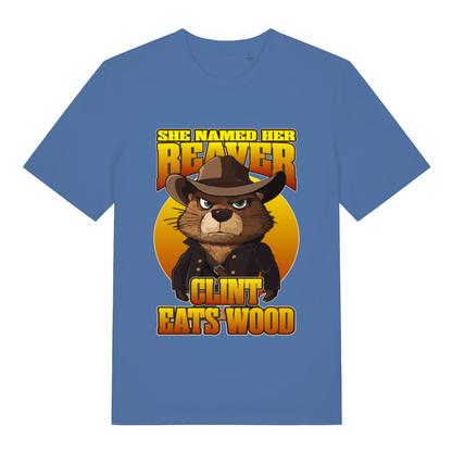 Blue Clint Eats Wood T-shirt flat lay showing cheeky rude beaver in cowboy hat illustration