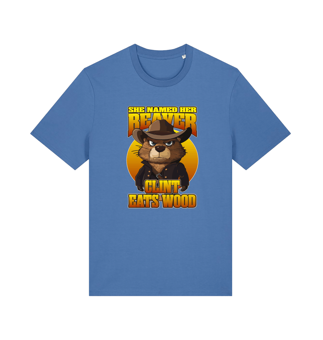 blue animal t-shirt with a graphic of a beaver wearing a cowboy hat and the text 'she named her beaver clint eats wood'