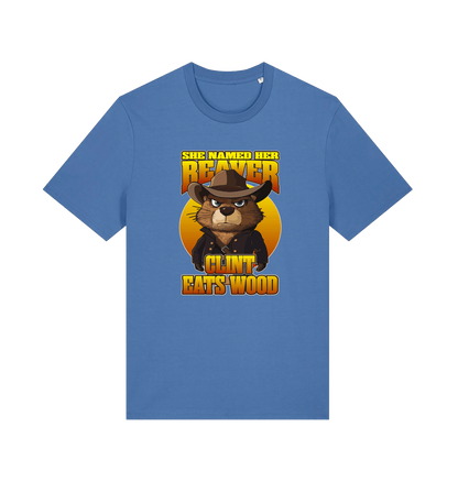 blue animal t-shirt with a graphic of a beaver wearing a cowboy hat and the text 'she named her beaver clint eats wood'