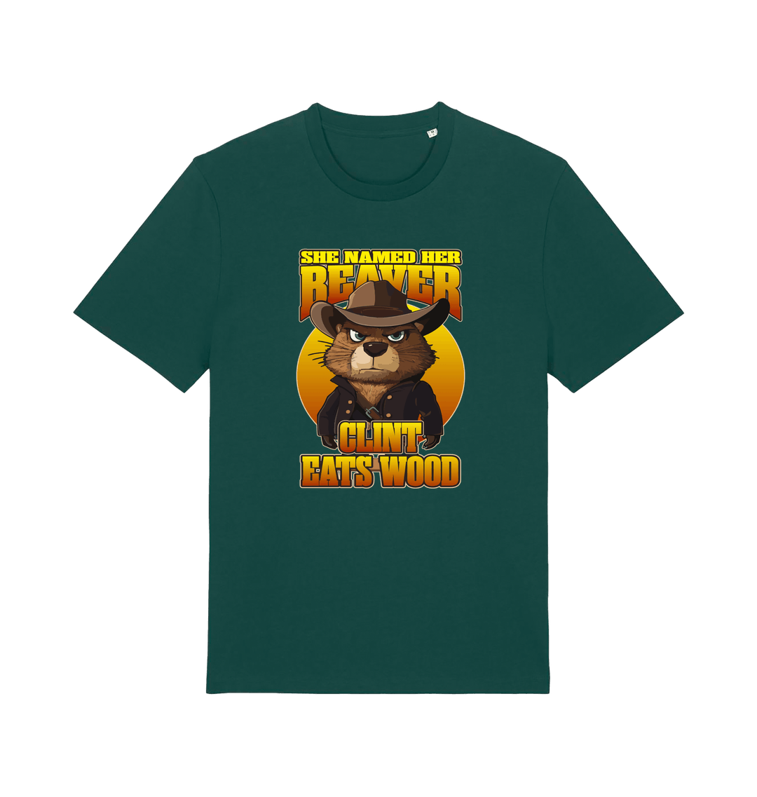 green animal t-shirt with a graphic of a beaver wearing a cowboy hat and the text 'she named her beaver clint eats wood'