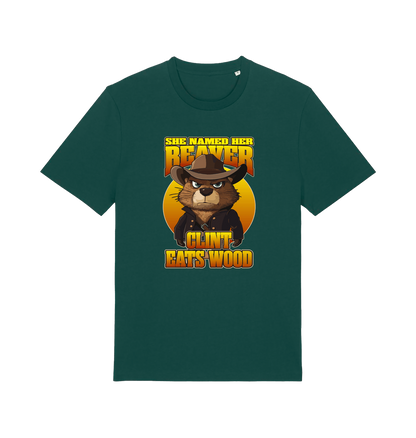 green animal t-shirt with a graphic of a beaver wearing a cowboy hat and the text 'she named her beaver clint eats wood'