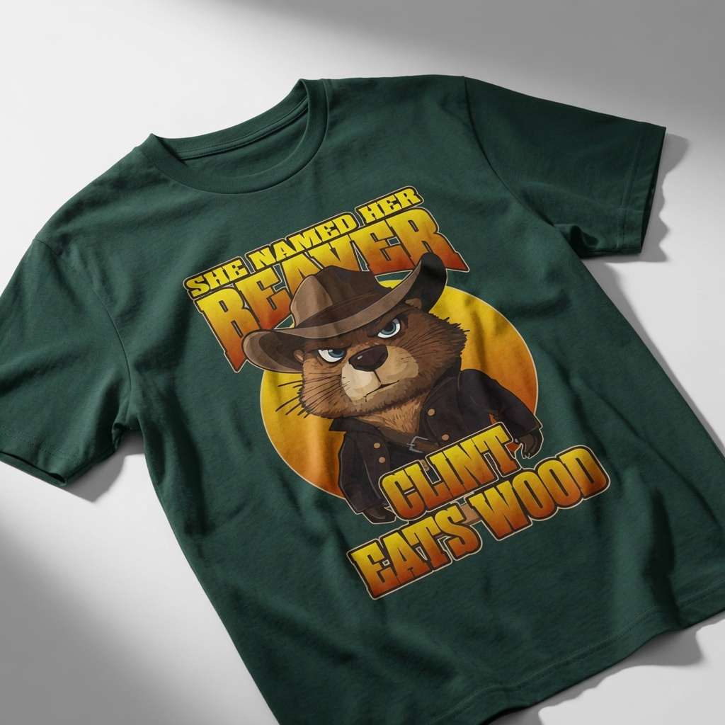 Green She Named Her Beaver Clint Eats Wood t-shirt on surface, funny rude mens beaver graphic tee