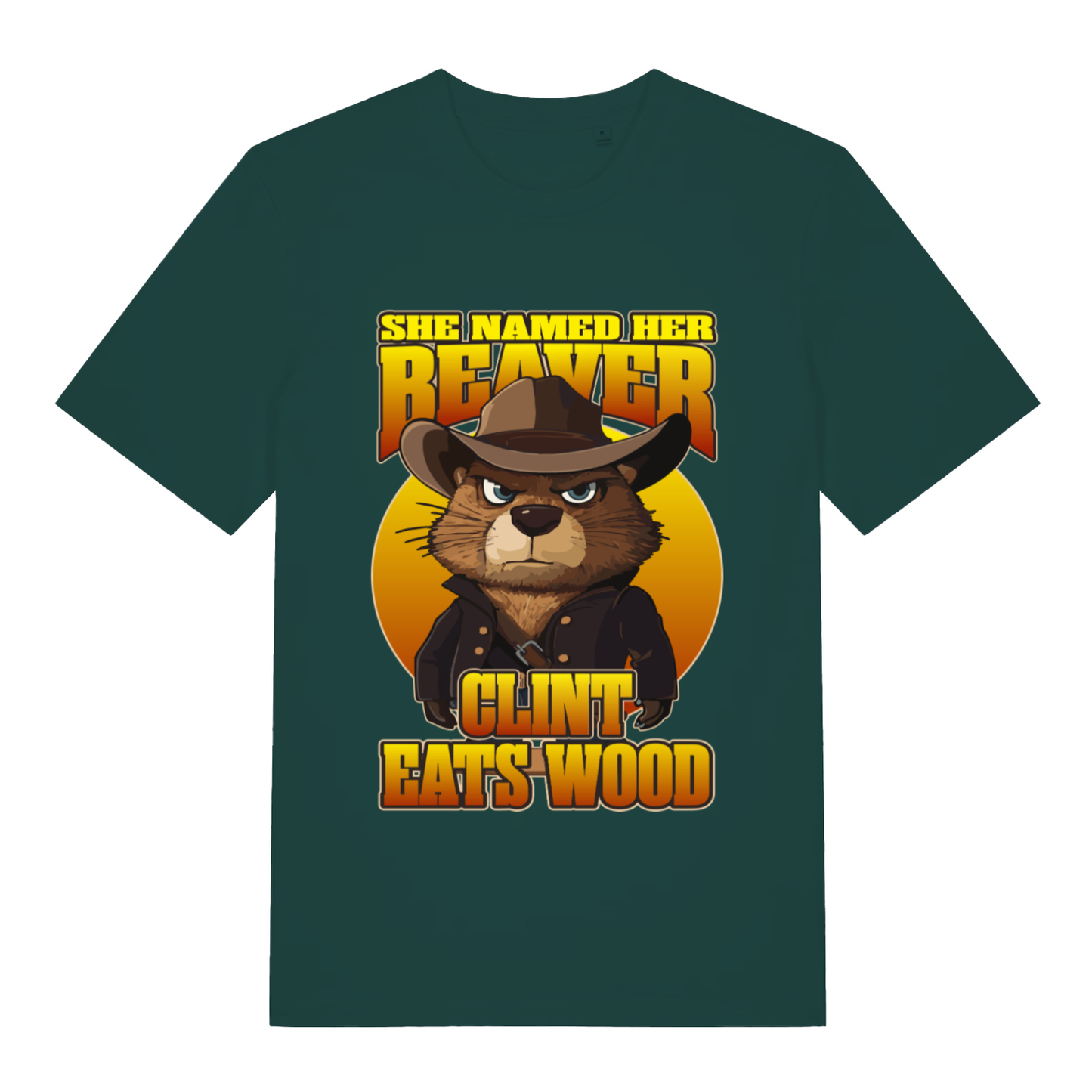 Green Clint Eats Wood T-shirt flat lay with bold Western beaver "Clint Eats Wood" graphic