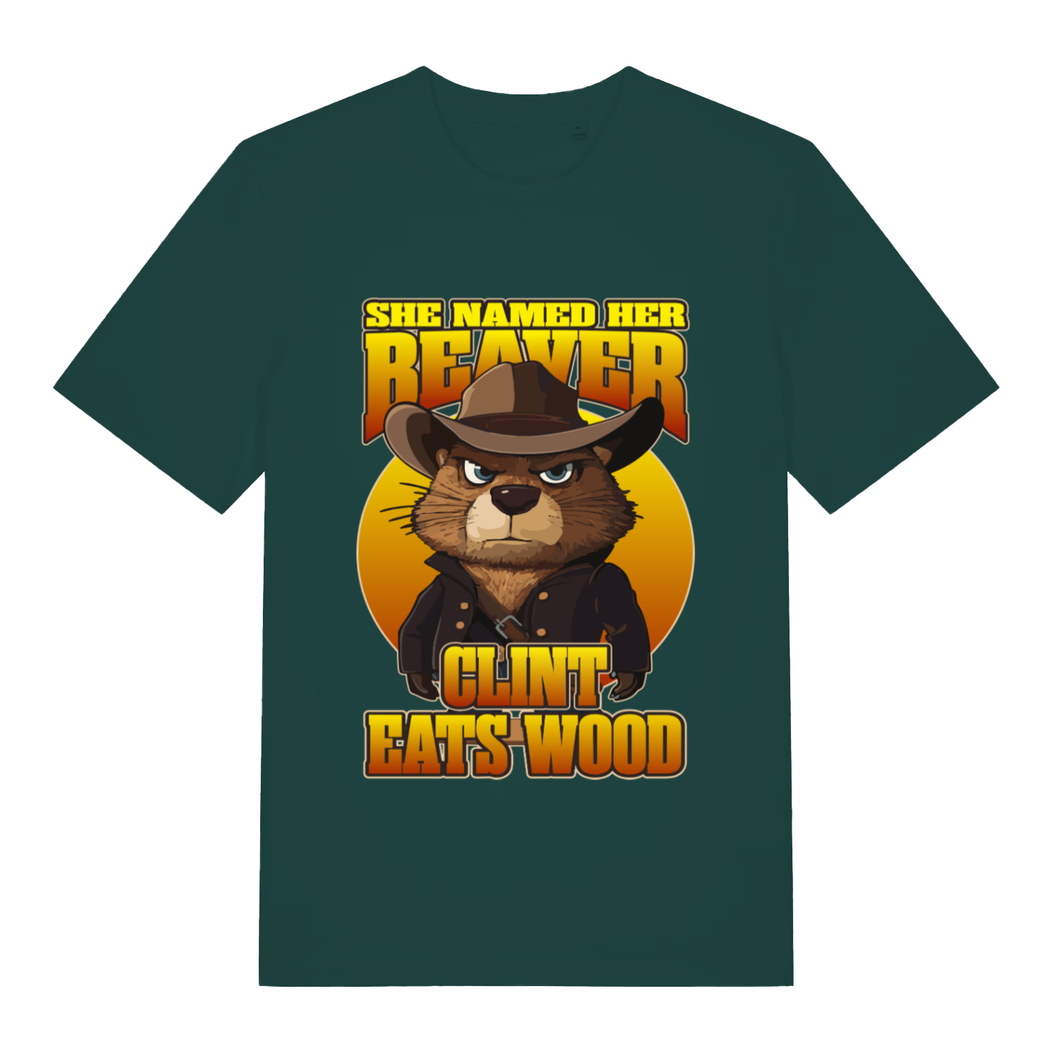 Green Clint Eats Wood T-shirt flat lay with bold Western beaver "Clint Eats Wood" graphic