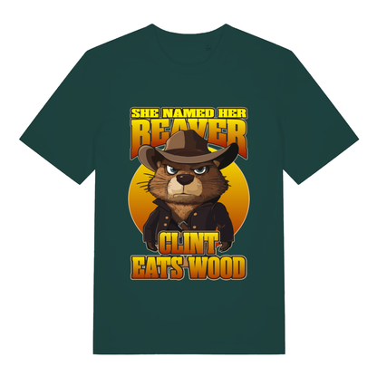 Green Clint Eats Wood T-shirt flat lay with bold Western beaver "Clint Eats Wood" graphic