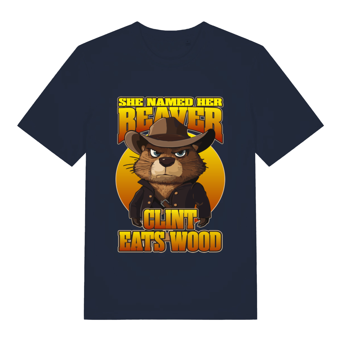 Navy Clint Eats Wood T-shirt flat lay displaying provocative beaver cowboy pun tee