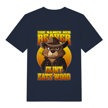 Navy Clint Eats Wood T-shirt flat lay displaying provocative beaver cowboy pun tee