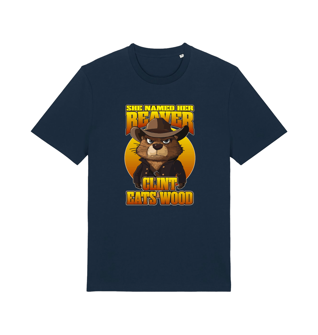 navy animal t-shirt with a graphic of a beaver wearing a cowboy hat and the text 'she named her beaver clint eats wood'