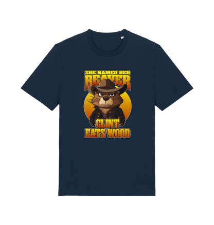 navy animal t-shirt with a graphic of a beaver wearing a cowboy hat and the text 'she named her beaver clint eats wood'