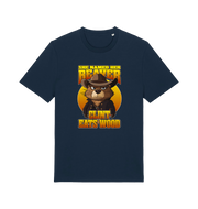 navy animal t-shirt with a graphic of a beaver wearing a cowboy hat and the text 'she named her beaver clint eats wood'