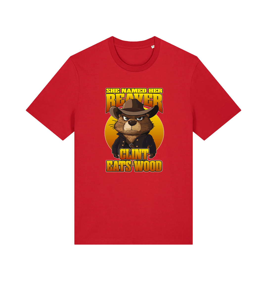 red animal t-shirt with a graphic of a beaver wearing a cowboy hat and the text 'she named her beaver clint eats wood'