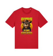 red animal t-shirt with a graphic of a beaver wearing a cowboy hat and the text 'she named her beaver clint eats wood'